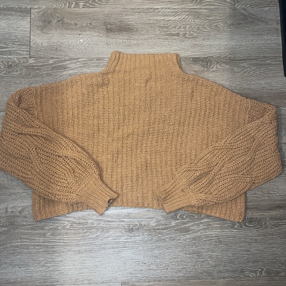 Free People mock turtle neck camel sweater size small cropped 100% cotton - Picture 8 of 8